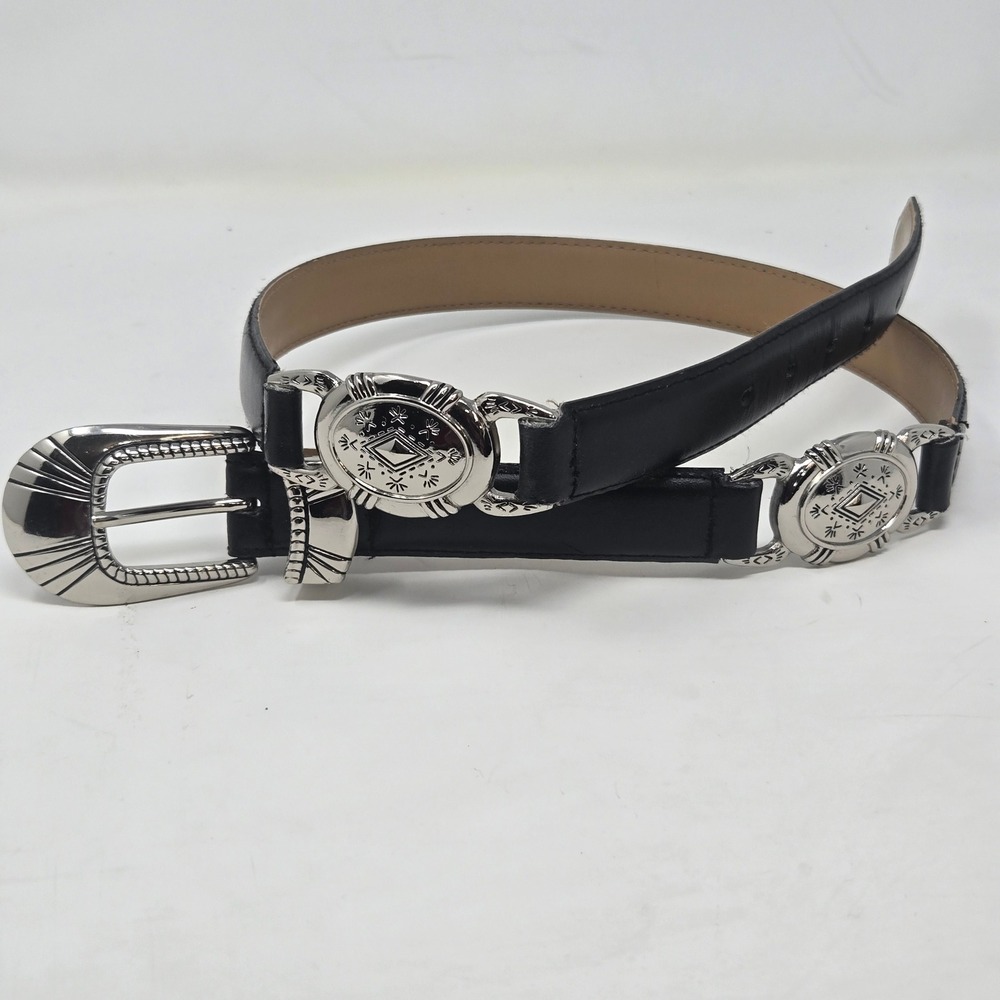 Western Black Genuine Leather Concho Belt Silver Tone Buckle Size Large 13609